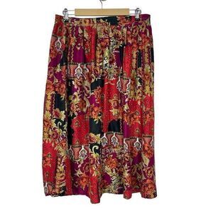 Vintage Melrose Silk Skirt  Multicolor Black Red Paisley Patchwork Floral Midi